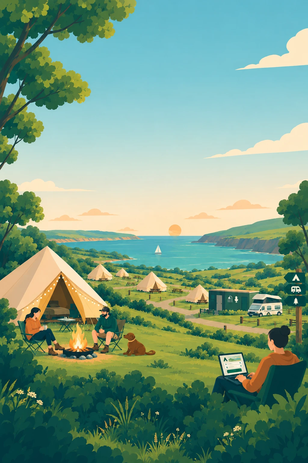 Illustration of a glamping site by the sea: a couple by a campfire, a dog, bell tents and an owner working on a laptop