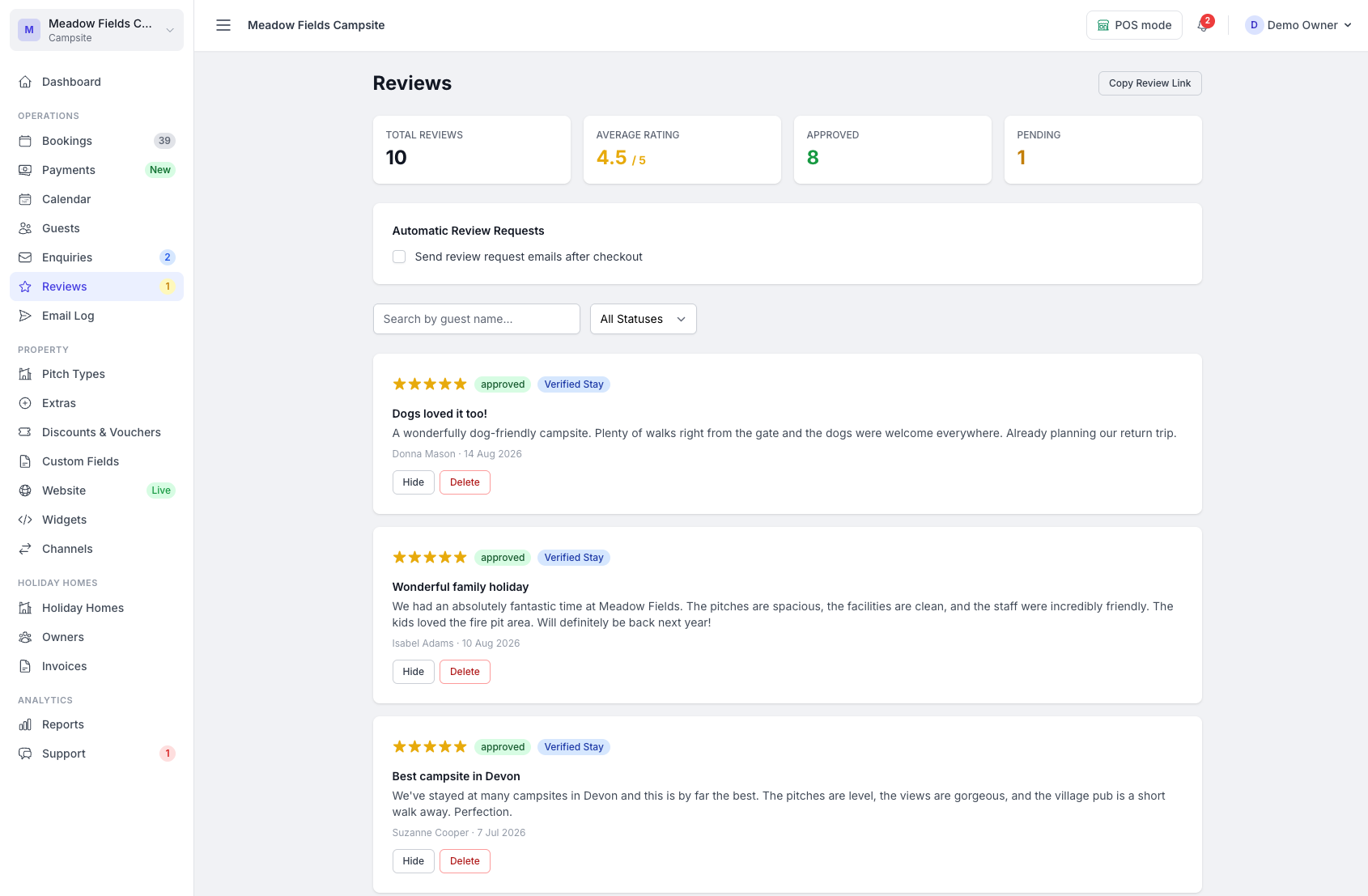 Guest review collection with approval controls and star ratings